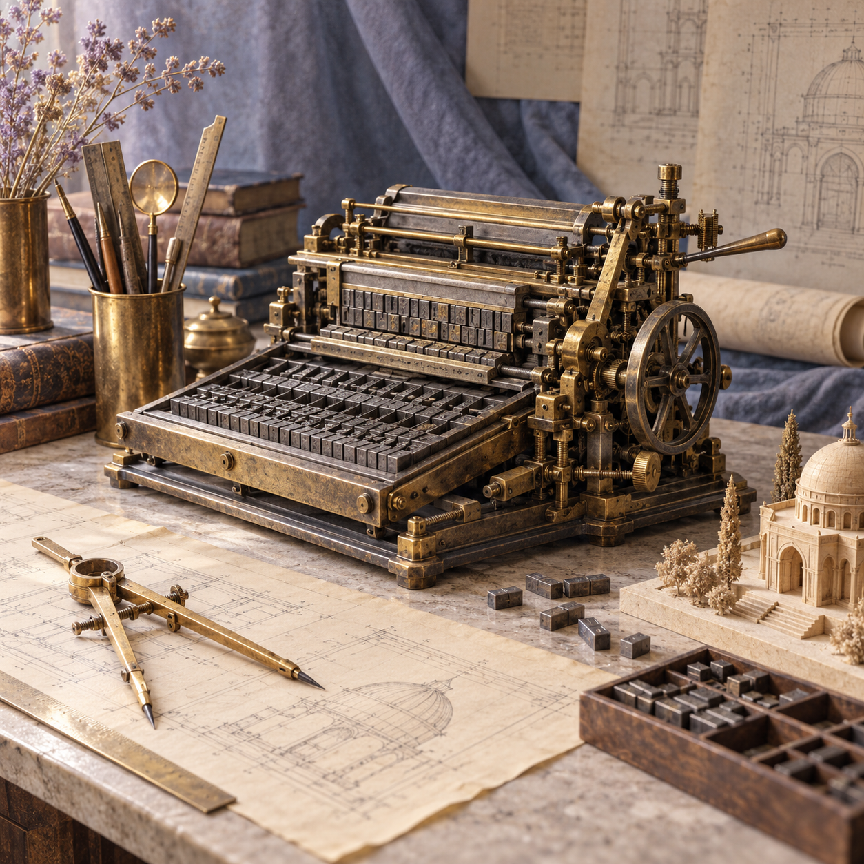An antique typesetter, drafting compass, and architectural model on a workbench.