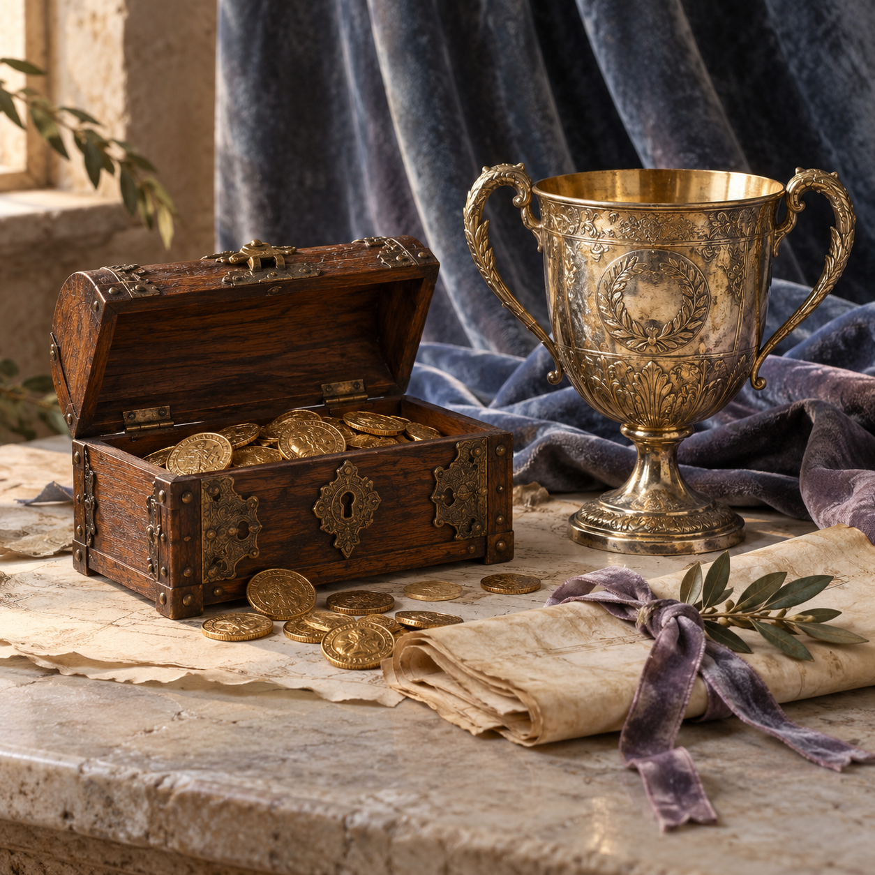 An antique treasure chest of gold coins beside an engraved trophy and a ribbon-bound award parchment.