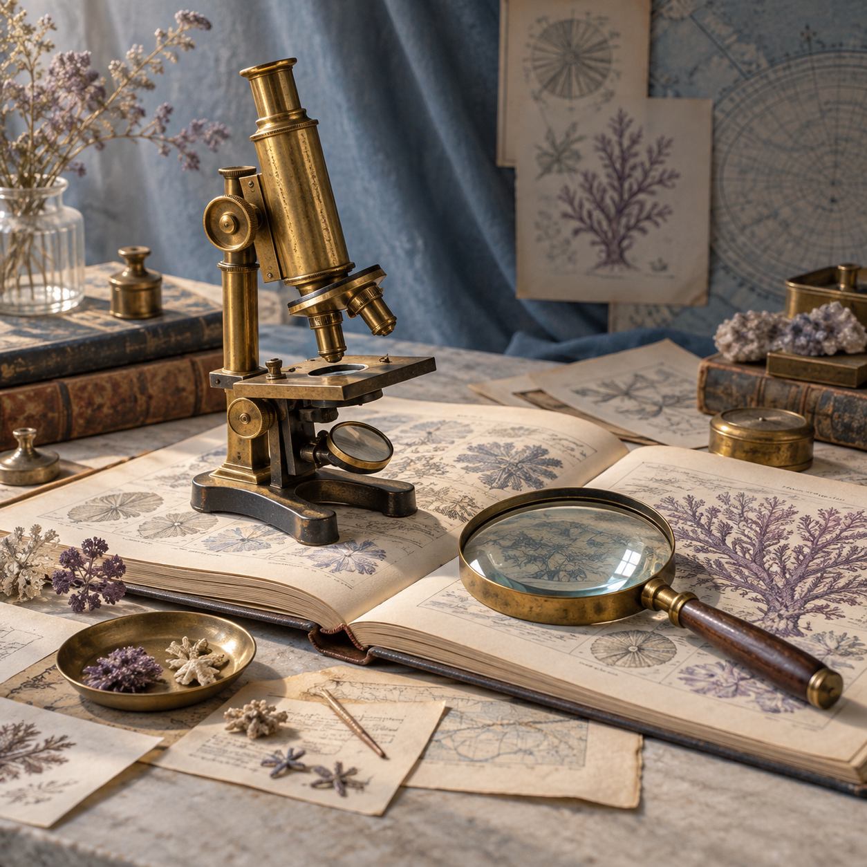 A brass microscope and magnifying glass on an open research atlas.