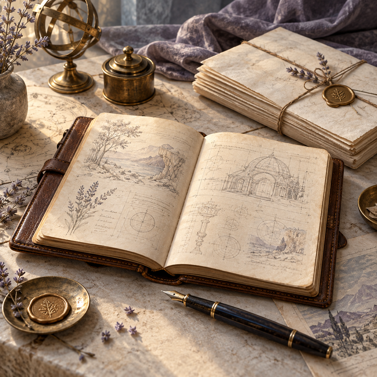 An open leather notebook, fountain pen, and tied manuscript ready to present.